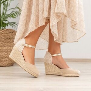 Kanna Beige Suede Espadrille Wedge Sandals Gold Ankle Strap Spain EU 39 US 8.5